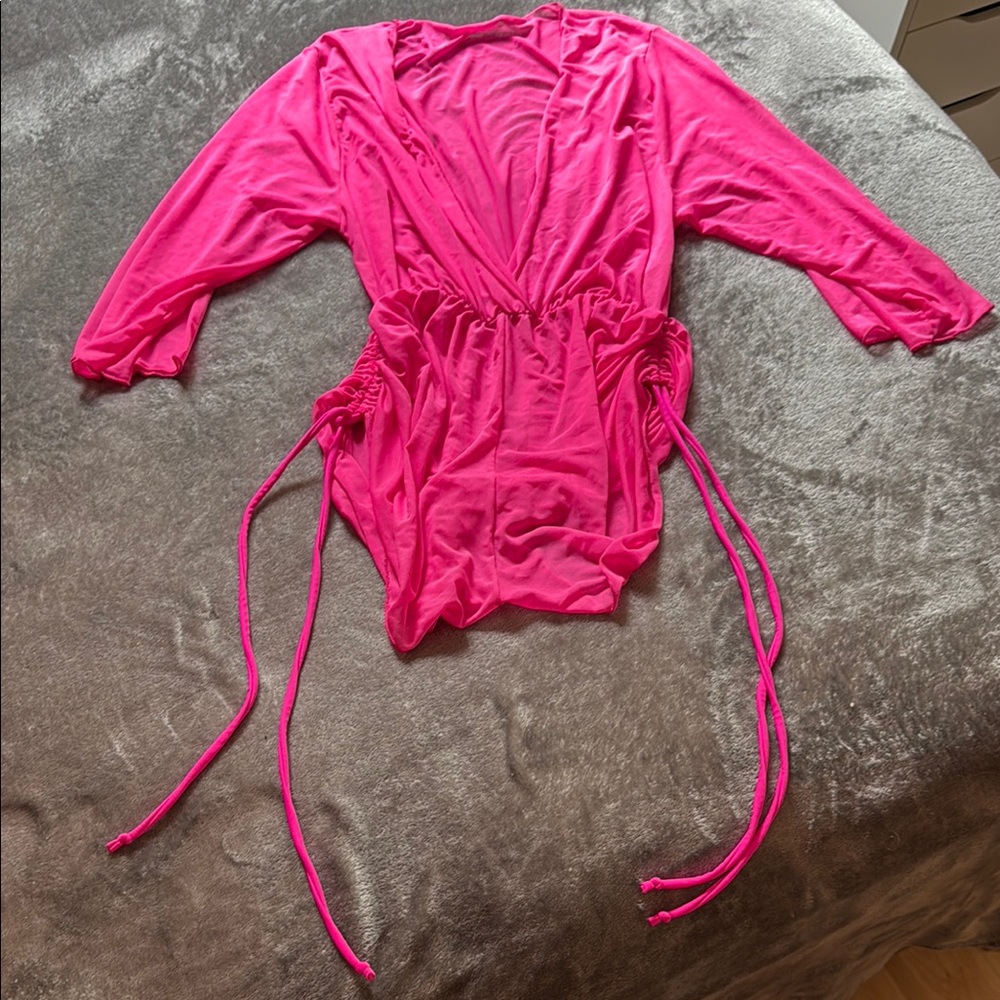 SHEIN Pink Bodysuit Wrap V-Neck Long Sleeve
